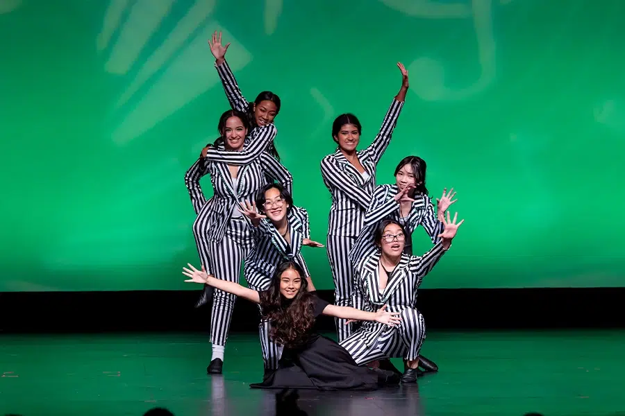 spark of creation jazz teens on stage stripes outfit ending pose